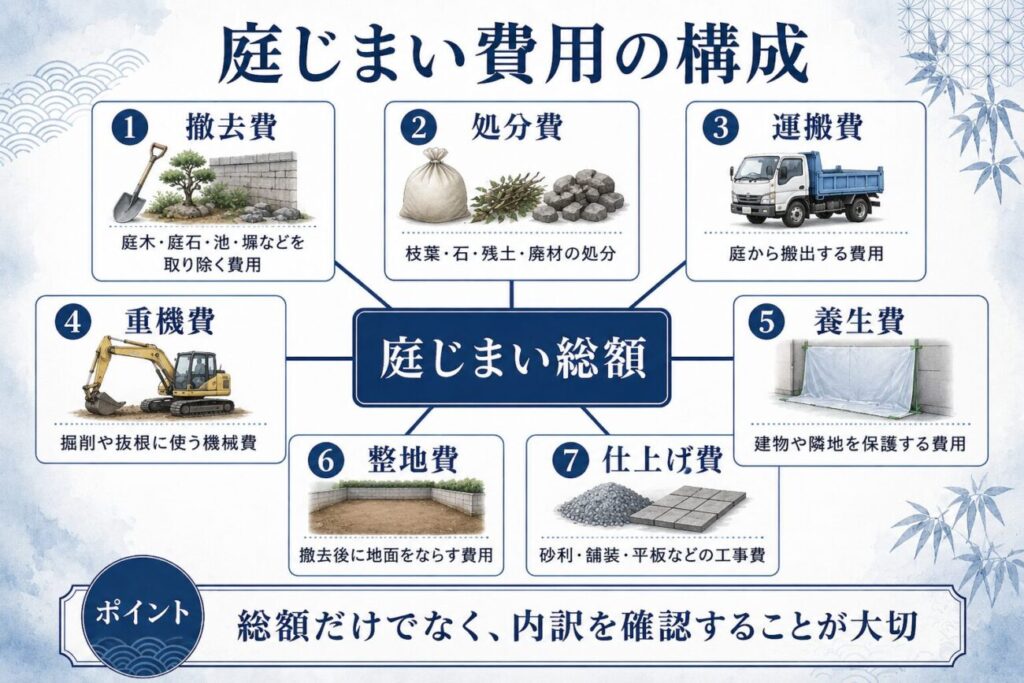 庭じまいにかかる撤去費、処分費、運搬費、重機費、養生費、整地費、仕上げ費の内訳を示した図解