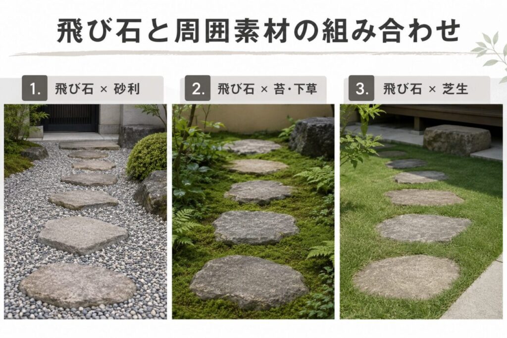 庭の飛び石と砂利・苔や下草・芝生を組み合わせたデザイン比較