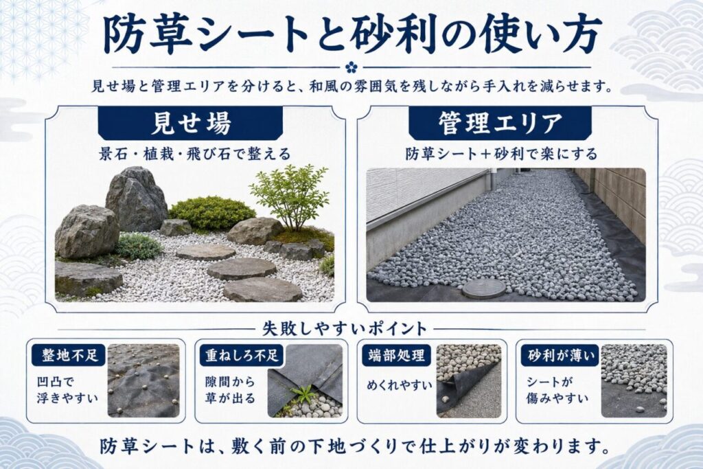 古い庭の雑草対策として防草シートと砂利を使う場所や下地づくりの注意点を整理した図解
