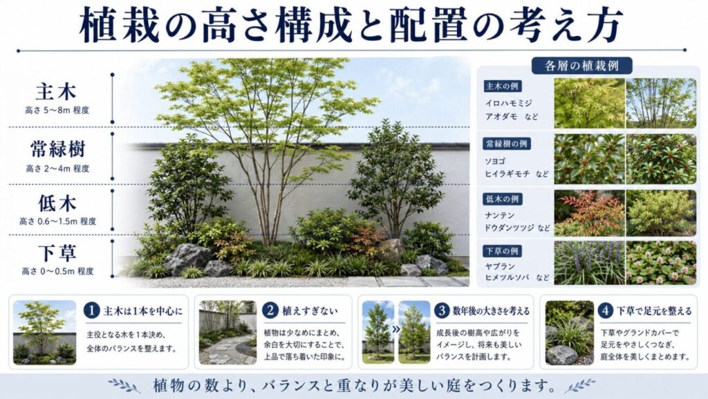 和モダン庭の植栽を、主木・常緑樹・低木・下草の高さに分け、植えすぎず立体的に配置する作り方を示した図解