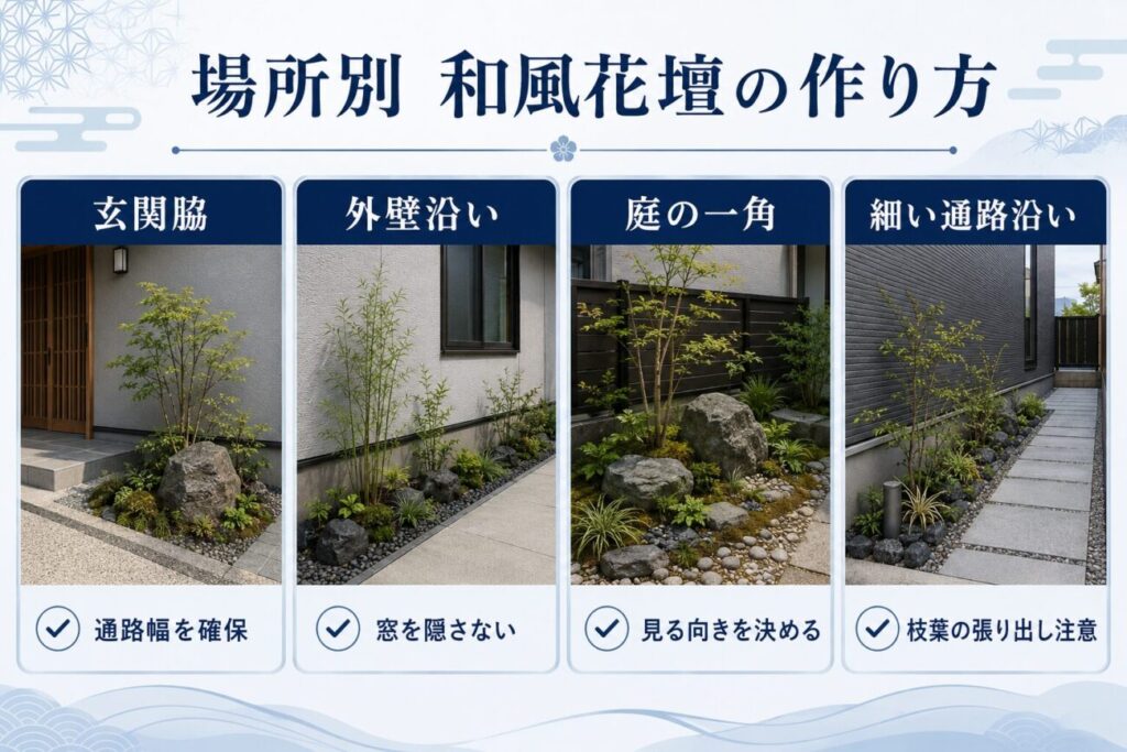 玄関脇、外壁沿い、庭の一角、細い通路沿いに適した和風花壇のレイアウトと注意点を比較した図解