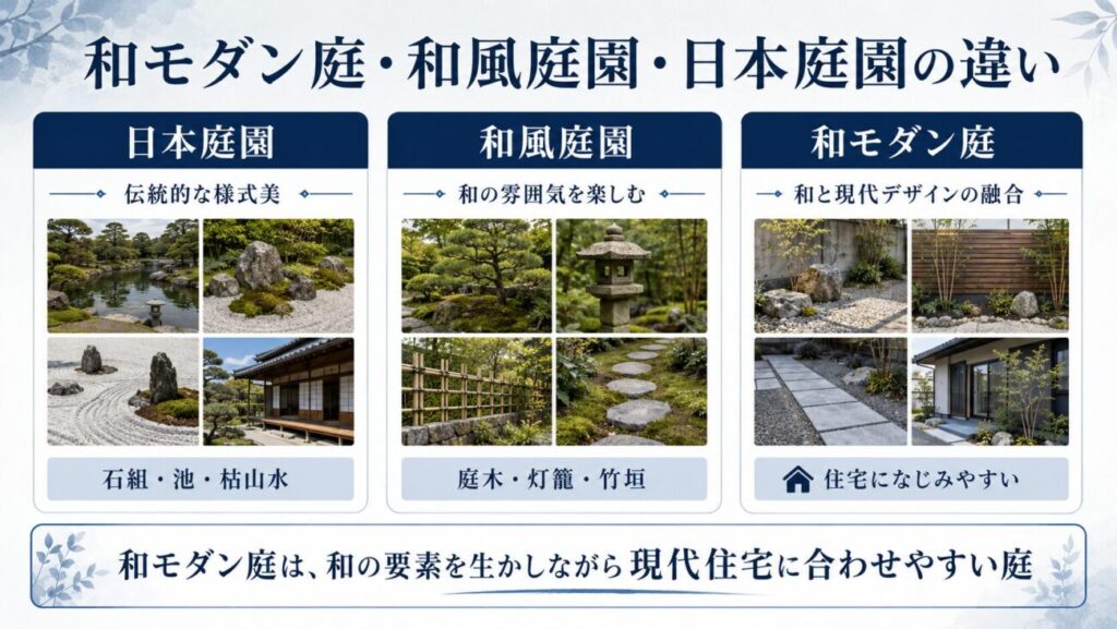 日本庭園・和風庭園・和モダン庭の違いを、石組、灯籠、竹垣、植栽、現代住宅との組み合わせで比較した図解