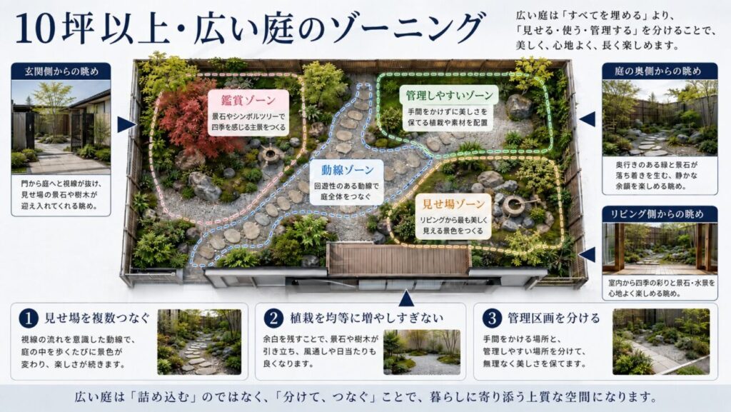 10坪以上の広い和モダン庭を、鑑賞ゾーン、動線ゾーン、見せ場ゾーン、管理しやすいゾーンに分けた作り方の図解