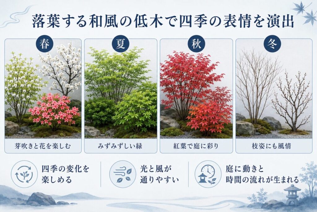 落葉する和風庭木の低木を春夏秋冬に分け、芽吹き・新緑・紅葉・冬の枝姿を紹介した図解