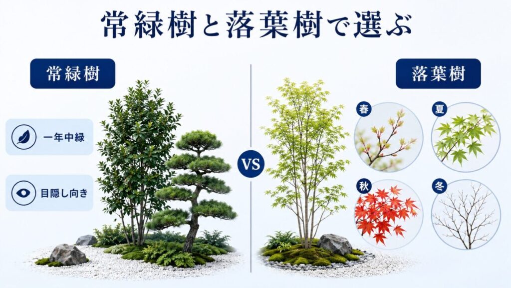 常緑樹と落葉樹の違いを比較した和風庭木の図解イラスト。一年中緑を楽しめる常緑樹と、季節の変化を楽しめる落葉樹を青基調で紹介。