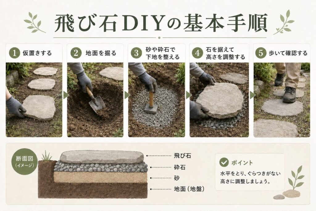 庭の飛び石と砂利・苔や下草・芝生を組み合わせたデザイン比較