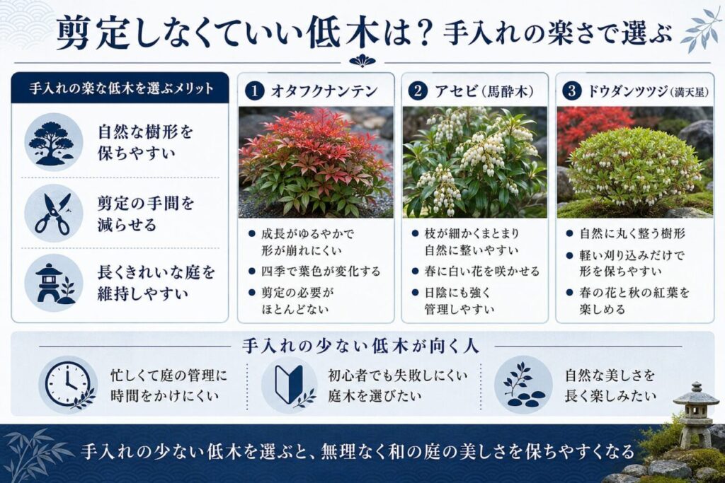 剪定の手間が少ない低木としてオタフクナンテン・アセビ・ドウダンツツジを紹介した図解