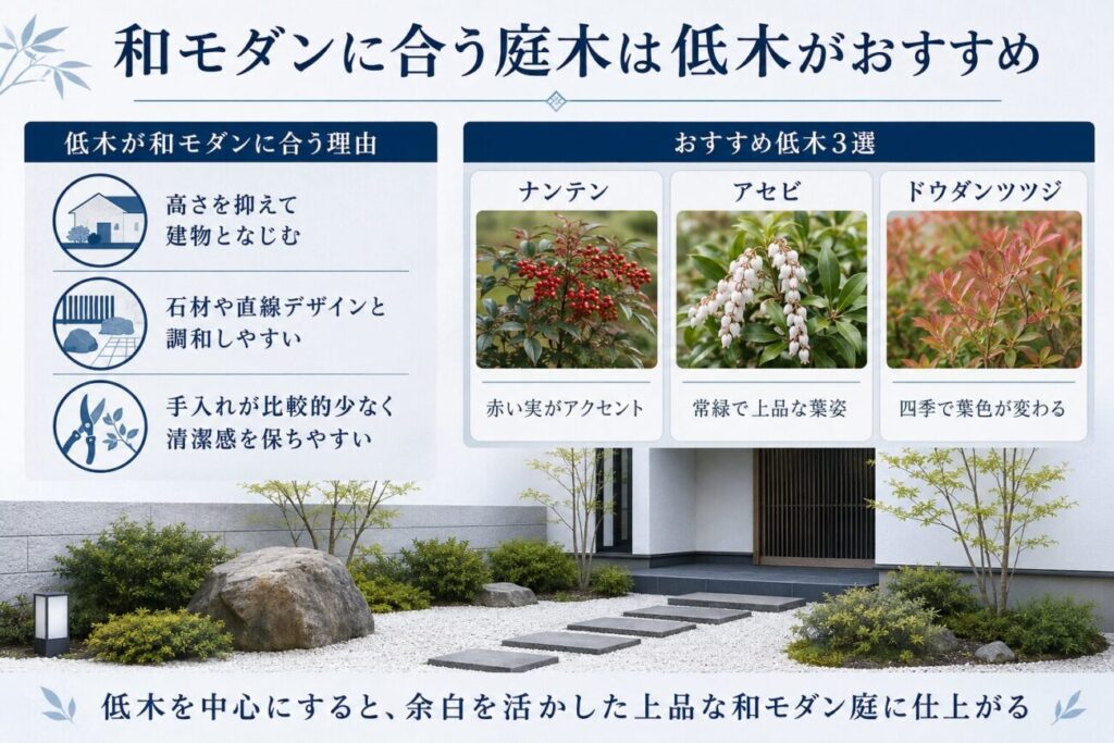 和モダンに合う庭木としてナンテン・アセビ・ドウダンツツジと低木を植えるメリットを紹介した図解