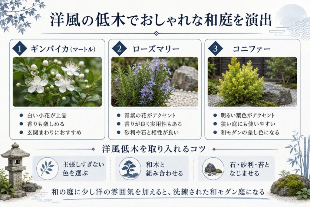 洋風の低木でおしゃれな和庭を演出する方法とギンバイカ・ローズマリー・コニファーを紹介した図解