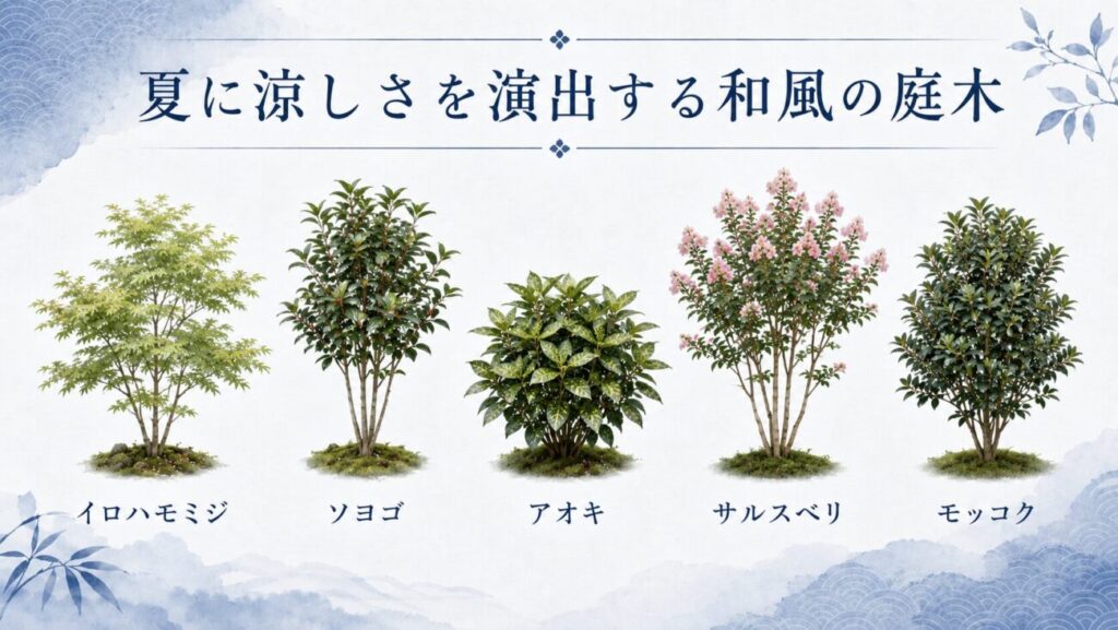 夏に涼しさを演出する和風の庭木を紹介する図解イラスト。イロハモミジ、ソヨゴ、アオキ、サルスベリ、モッコクを青基調で一覧表示。