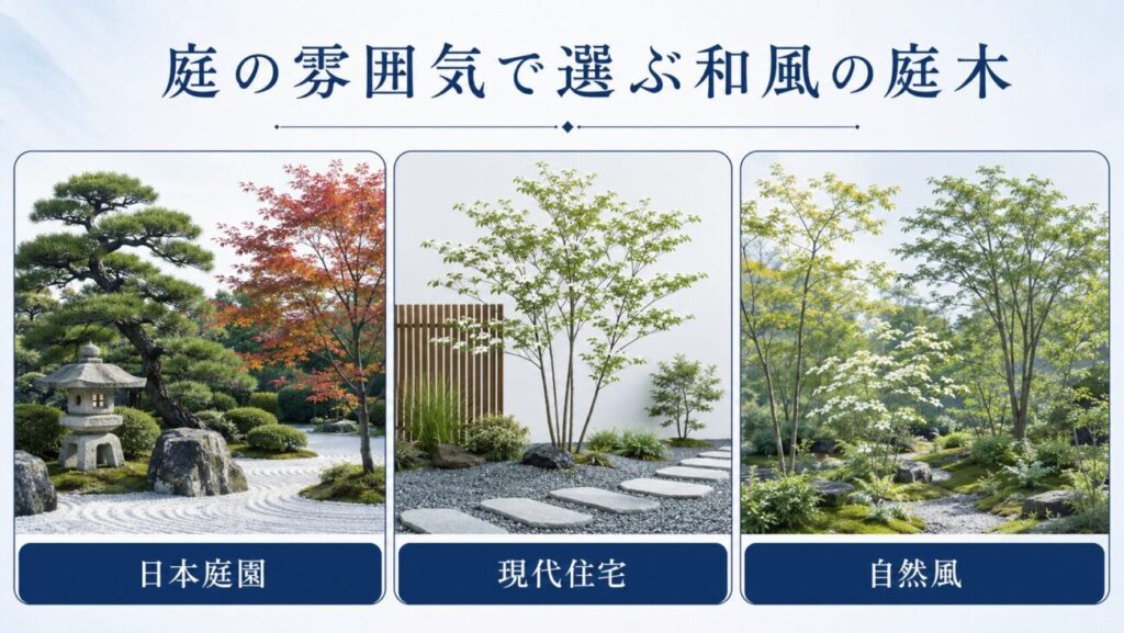 日本庭園、現代住宅、自然風の庭に合う和風庭木を比較した図解イラスト。庭の雰囲気別におすすめの庭木を青基調で紹介。