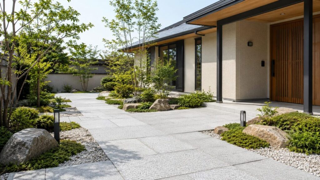 御影石でバリアフリーにした玄関と庭の動線画像