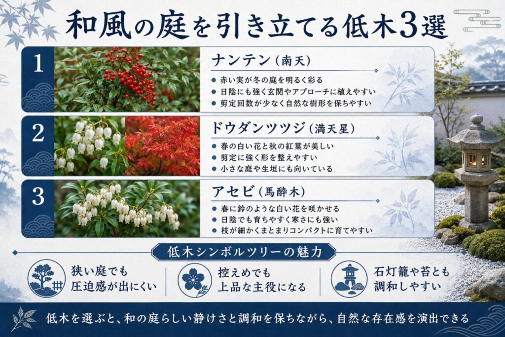 和風の庭を引き立てる低木としてナンテン・ドウダンツツジ・アセビの特徴と魅力を紹介した図解