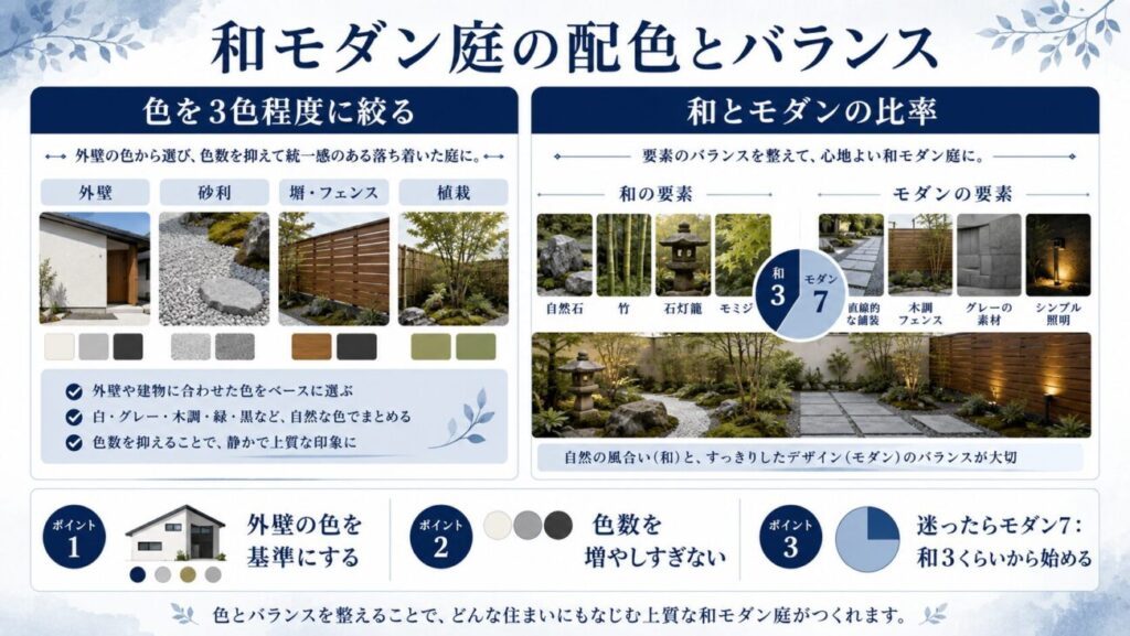 和モダン庭の作り方で重要な、外壁・砂利・庭石・木目フェンス・植栽の配色と、和とモダンの比率を示した図解