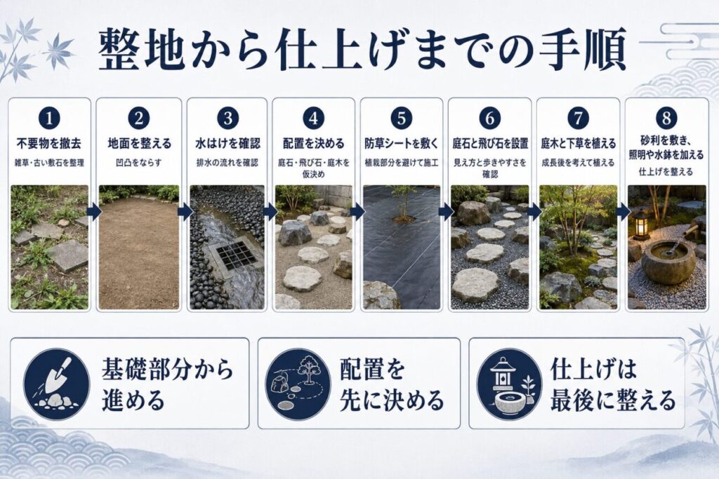 整地・排水確認・防草シート・庭石・飛び石・植栽・砂利・照明まで、日本庭園を作る手順をまとめた図解