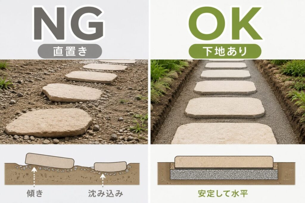土へ直置きして傾いた飛び石と、下地を整えて安定させた設置方法のOK・NG比較
