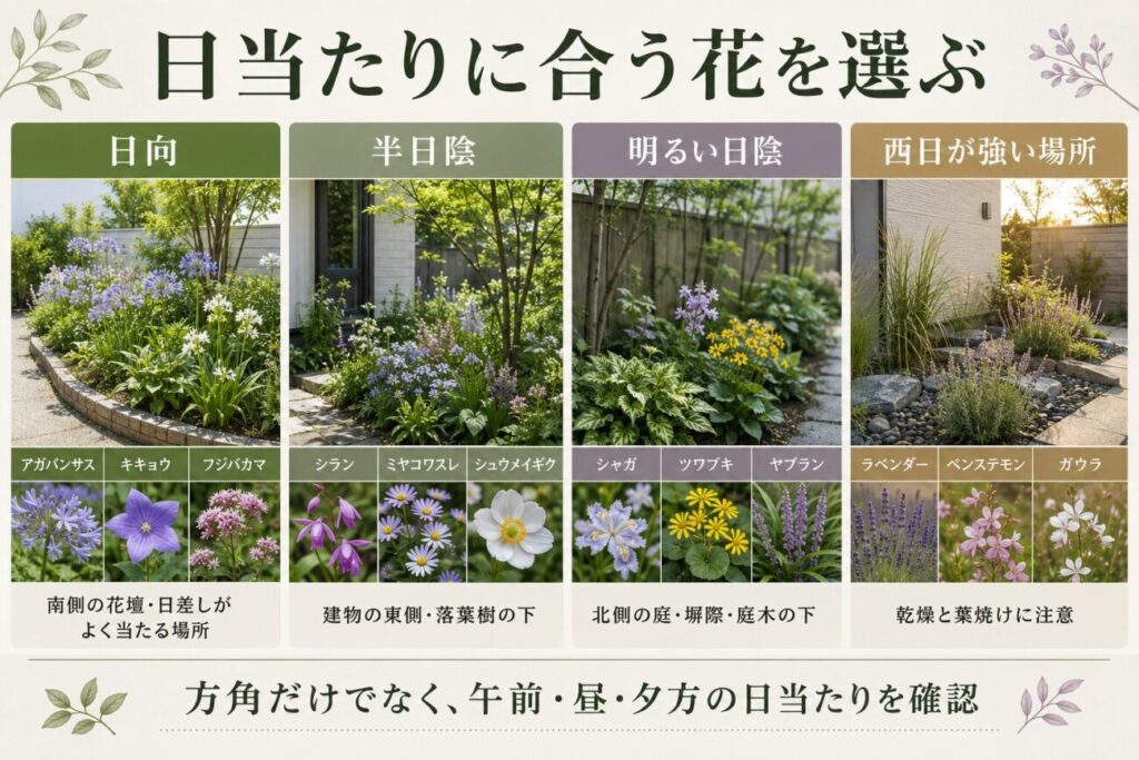 和モダンな庭の花選びとして、日向・半日陰・明るい日陰・西日が強い場所に合う植物と注意点を比較した図解