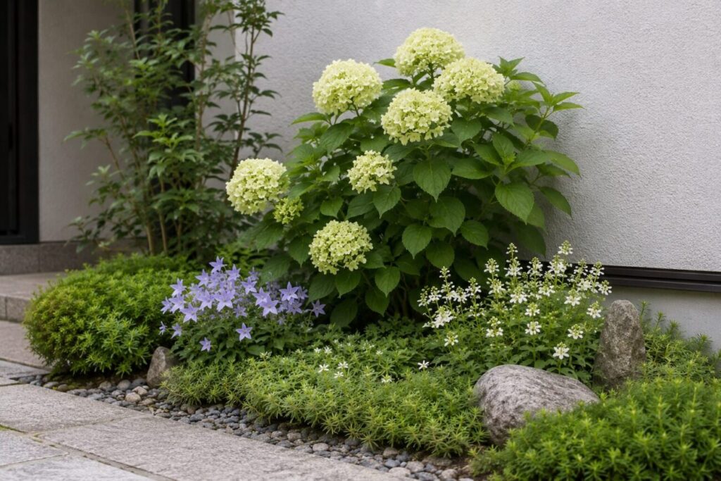 庭石を置いてアジサイ等植えてある玄関わきの和風庭の画像