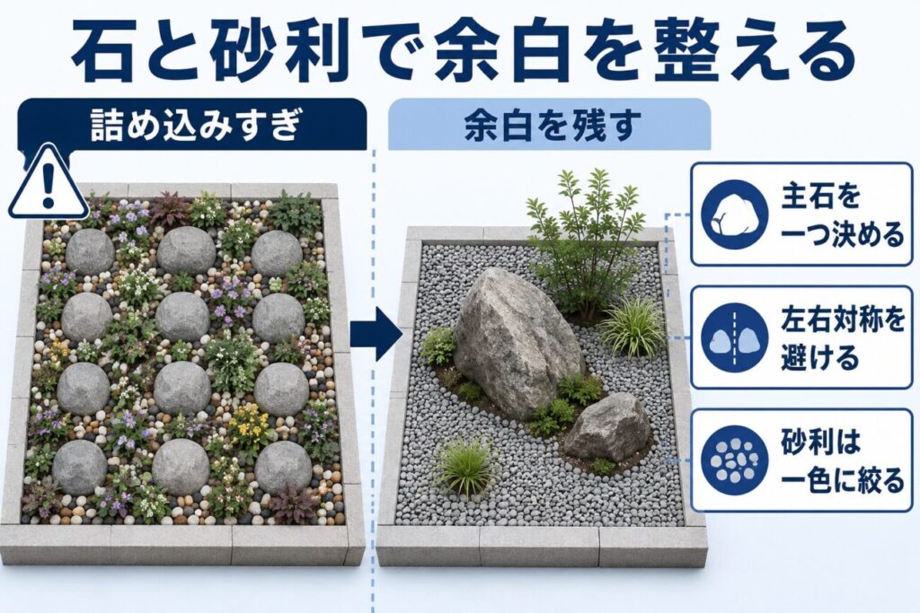 石や植物を詰め込みすぎた花壇と、主石を一つ決めて灰色の砂利と余白を残した和風花壇を比較した図解