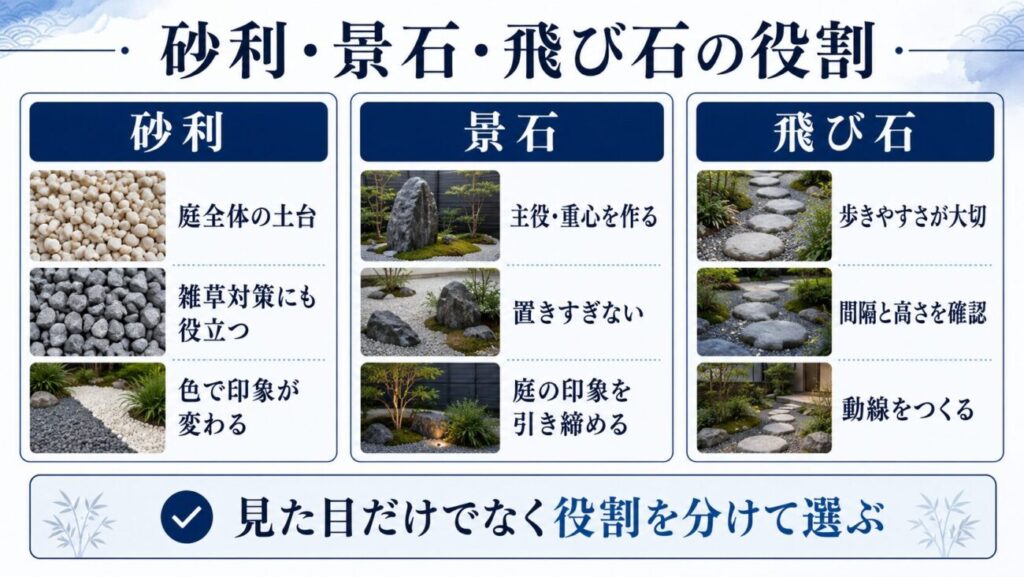 和モダン庭の作り方で使う砂利・景石・飛び石の違いを、庭の土台、景色の主役、歩く動線という役割別に比較した図解