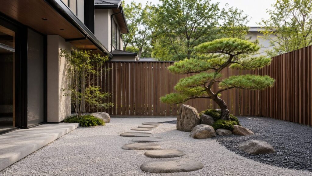 現代住宅の前に剪定した松と景石、飛び石を配置した和モダン庭