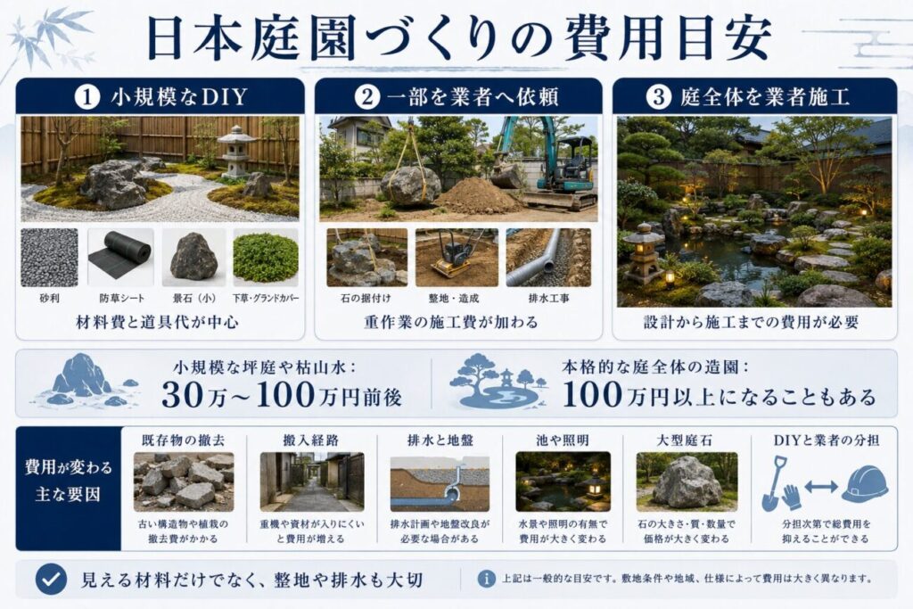 日本庭園づくりのDIY・一部業者依頼・全体施工の費用目安と、撤去・搬入・排水など費用が変わる条件の図解