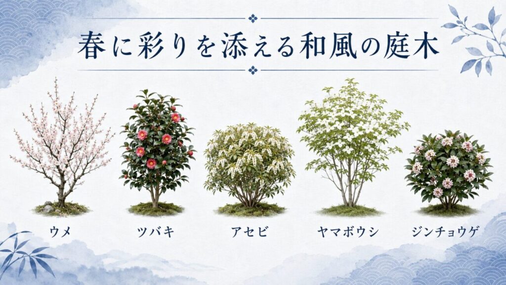 春に彩りを添える和風の庭木を紹介する図解イラスト。ウメ、ツバキ、アセビ、ヤマボウシ、ジンチョウゲを青基調のデザインで一覧表示。