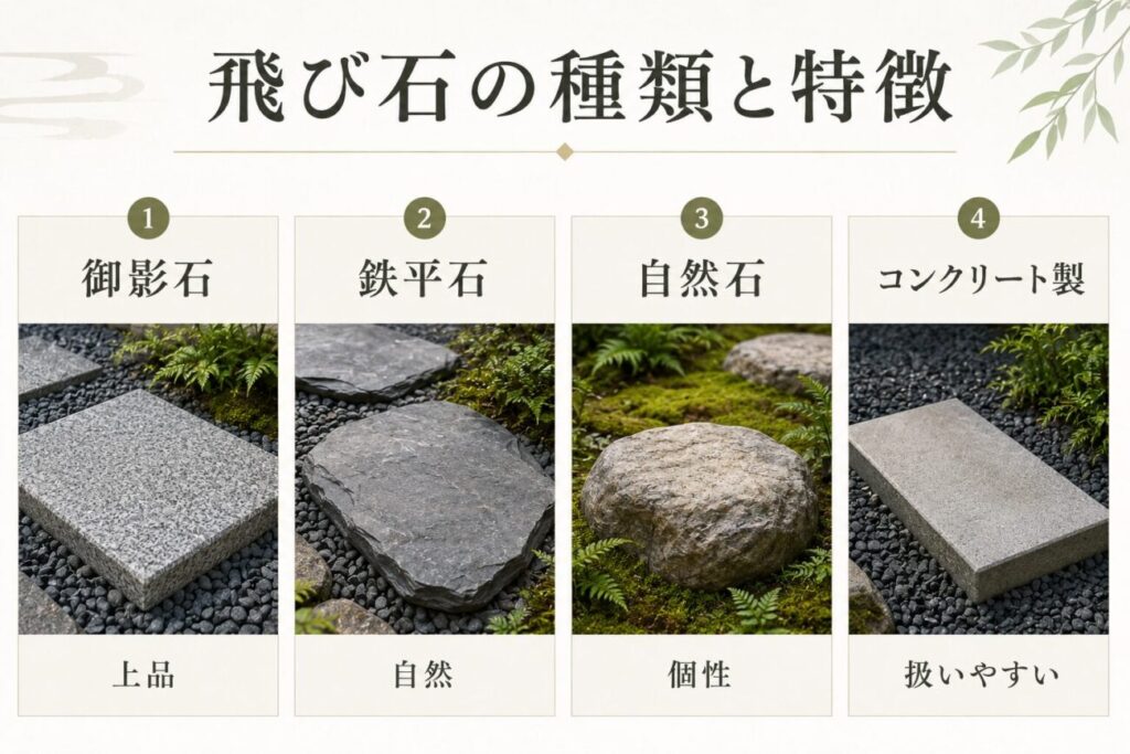 御影石・鉄平石・自然石・コンクリート製の飛び石の種類と特徴を比較した図解