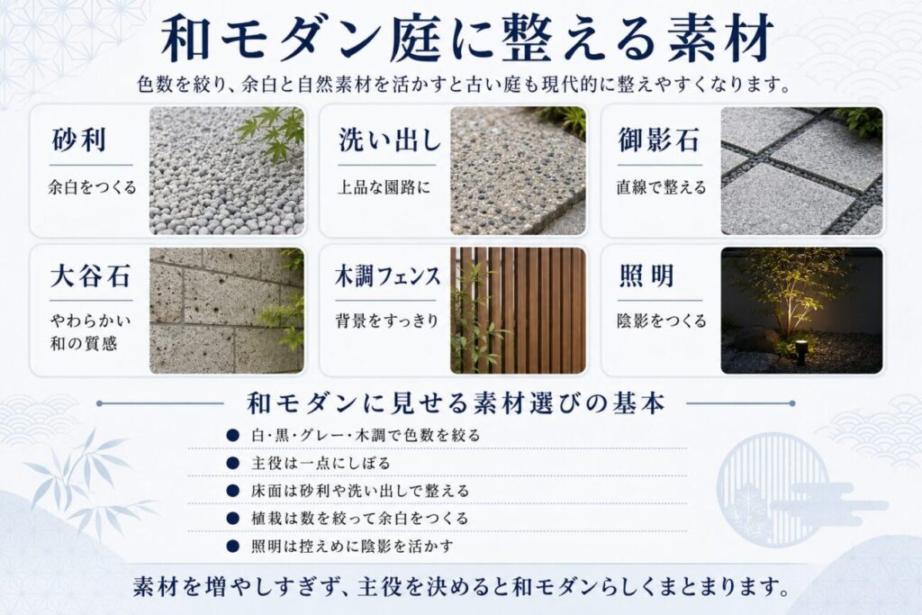 古い庭を和モダンに整えるための素材選びを、砂利・洗い出し・御影石・大谷石・木調フェンス・照明でわかりやすく整理した図解画像。