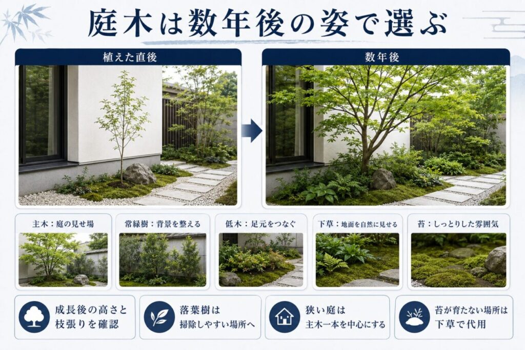 日本庭園の庭木を植えた直後と数年後で比較し、成長後の高さや枝張りを考えて選ぶ方法を示した図解