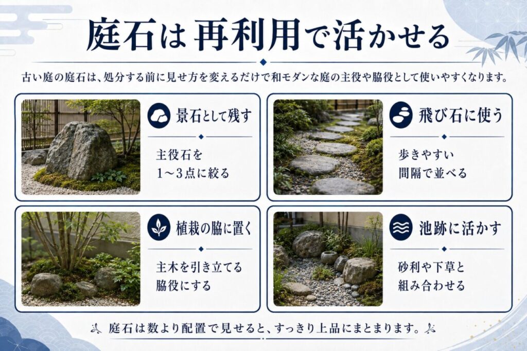 古い庭石を景石・飛び石・植栽まわり・池跡に再利用する方法をまとめた図解