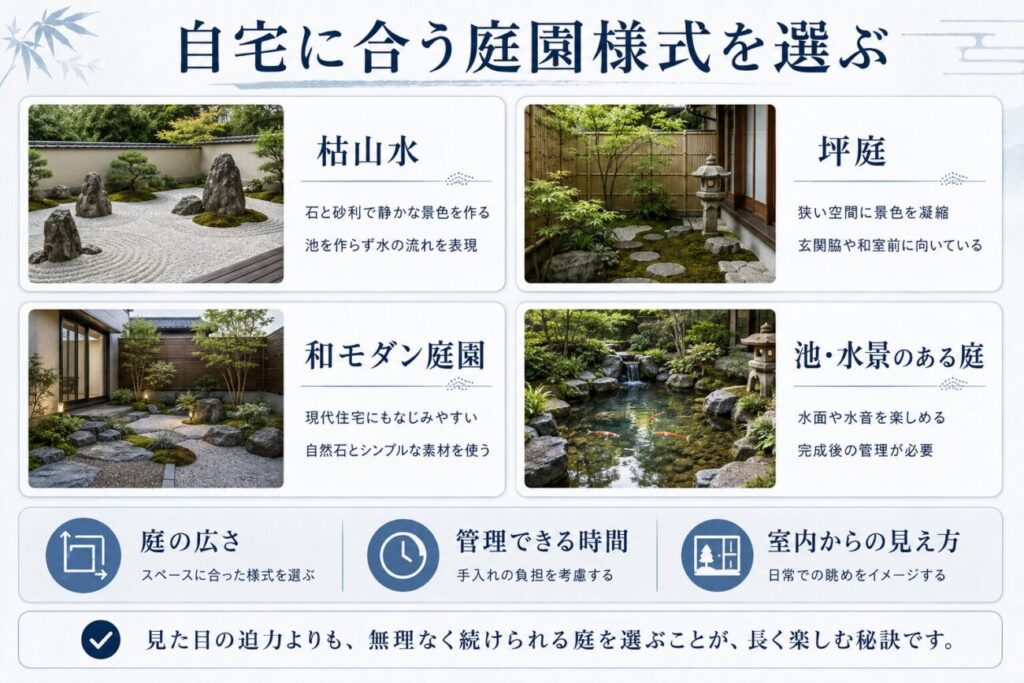 自宅に合う枯山水・坪庭・和モダン庭園・池のある庭の特徴と選び方を比較した図解