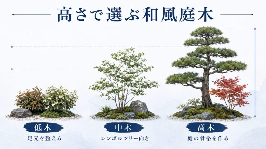 低木・中木・高木の違いを比較した和風庭木の図解イラスト。庭木の高さごとの役割や、庭での使い方を青基調で分かりやすく表示。