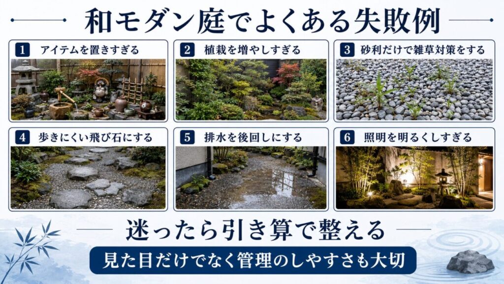和モダン庭の作り方で注意したい、アイテムや植栽の増やしすぎ、雑草、歩きにくい飛び石、排水、照明の失敗例を示した図解