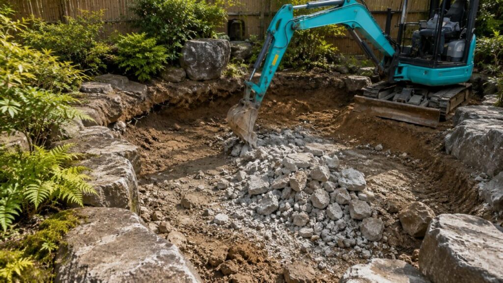 パワーシャベルで池を解体しているイメージ画像