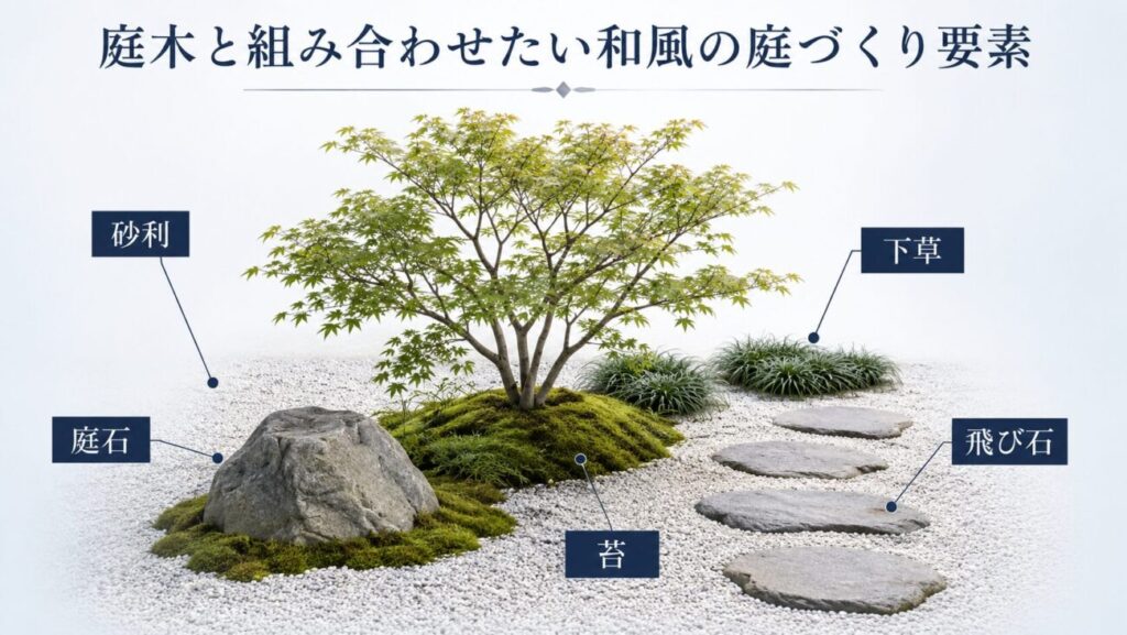 和風庭木と組み合わせたい砂利、庭石、飛び石、下草、苔を紹介する図解イラスト。庭木を中心に和風の庭づくり要素を分かりやすく表示。