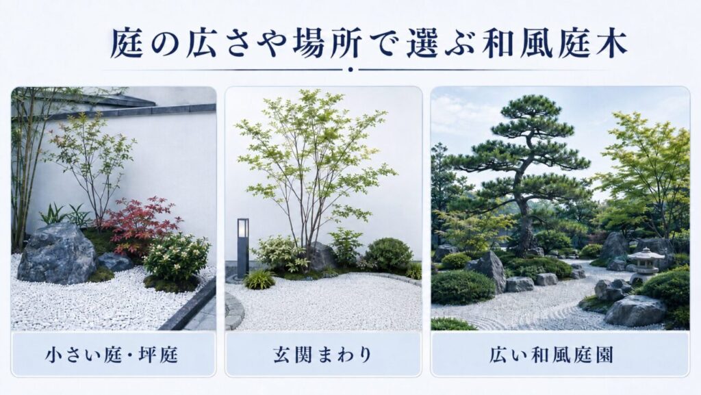小さい庭・坪庭、玄関まわり、広い和風庭園に合う庭木を比較した図解イラスト。庭の広さや場所別に和風庭木の選び方を紹介。