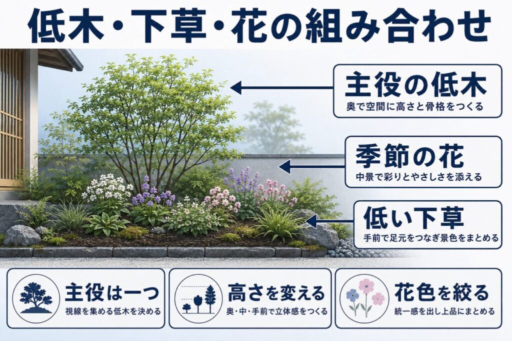 玄関脇の狭いスペースに低木、景石、下草、砂利を最少構成で配置し、通路幅と余白を確保した和風花壇