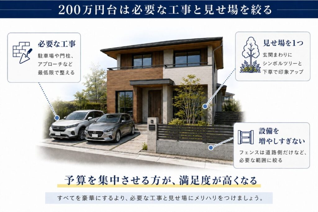 積水ハウスの外構費用を200万円台で考える場合に、駐車場や門柱など必要な工事を優先し、玄関まわりのシンボルツリーなど見せ場へ予算を集中する考え方を示した図解