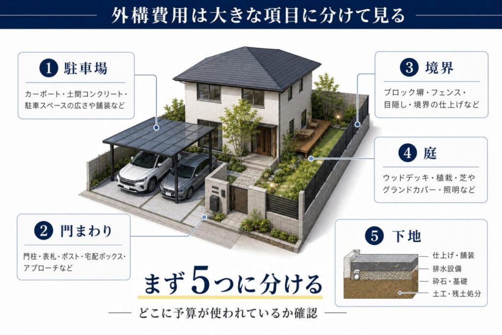 積水ハウスの外構費用を駐車場・門まわり・境界・庭・下地の5項目に分け、見積もりのどこに予算が使われているか確認する方法を示した図解