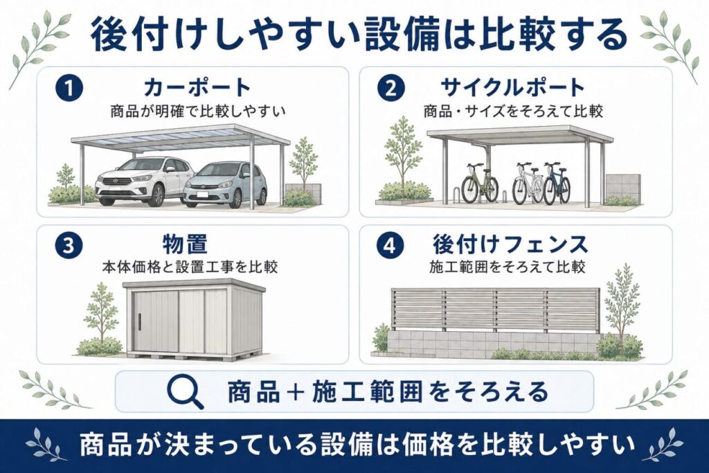 住友林業の外構費用を抑える方法として、カーポート・サイクルポート・物置・後付けフェンスを比較するポイントを解説した図解
