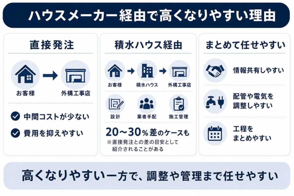 積水ハウス経由の外構と外構専門業者への直接発注を比較し、設計・業者手配・施工管理などで費用差が出る理由を示した図解