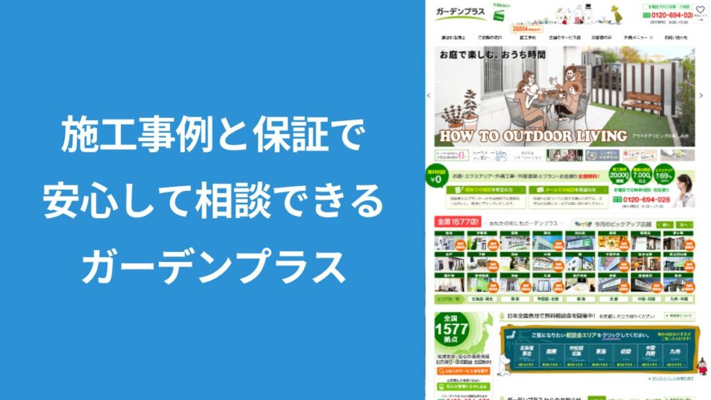 ガーデンプラスの公式サイト画面と、豊富な施工事例を見ながら外構専門サービスへ直接相談できる特徴を紹介する見出し画像