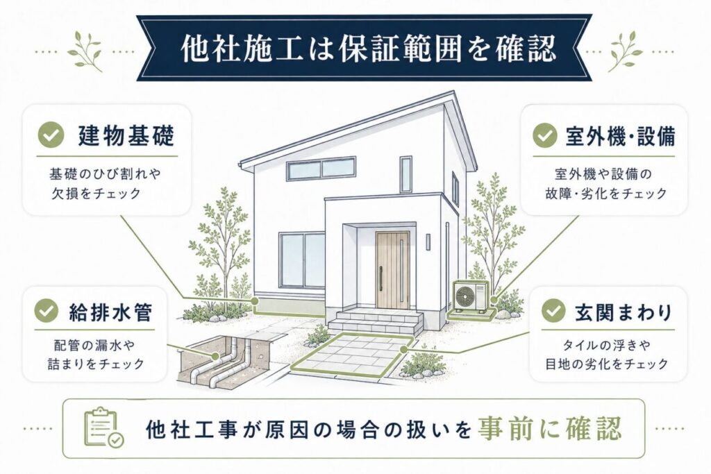 ハウスメーカーの外構を断る前に確認したい、別業者による外構工事と建物基礎・給排水管・玄関まわり・室外機などの保証範囲を示した図解