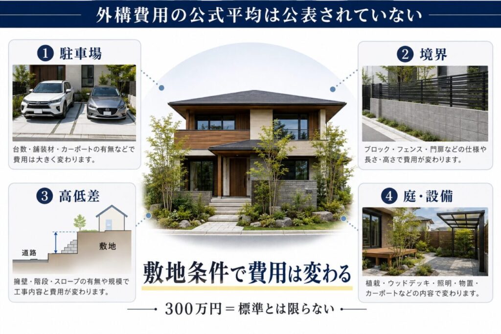 積水ハウスの外構費用に公式平均がないことを示し、駐車場・境界・高低差・庭や設備など、積水ハウスの外構費用を左右する主な条件を整理した図解