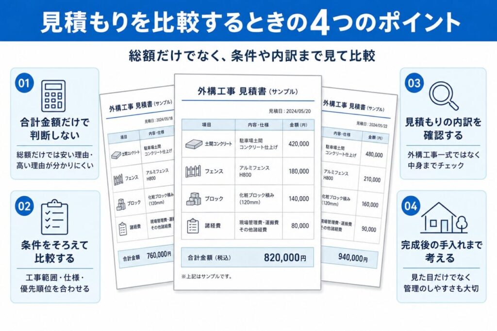 外構見積もりを比較するときの4つのポイントをまとめた図解。合計金額だけで判断しないこと、工事範囲・仕様・優先順位をそろえること、見積もりの内訳まで確認すること、完成後の手入れまで考えて比較することを、見積書のイメージとともに解説している。