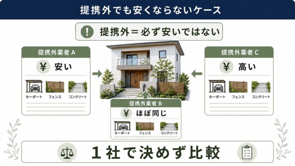 一条工務店の外構で提携外業者を選んでも、必ず安くなるとは限らないことを説明した図解。複数の見積書を並べ、安いケース、ほぼ同じケース、高いケースがあることを比較している。一条工務店の外構で提携外を検討する際は、1社だけで判断せず、複数社から見積もりを取り、同じ条件で比較することの大切さを示したイラスト。