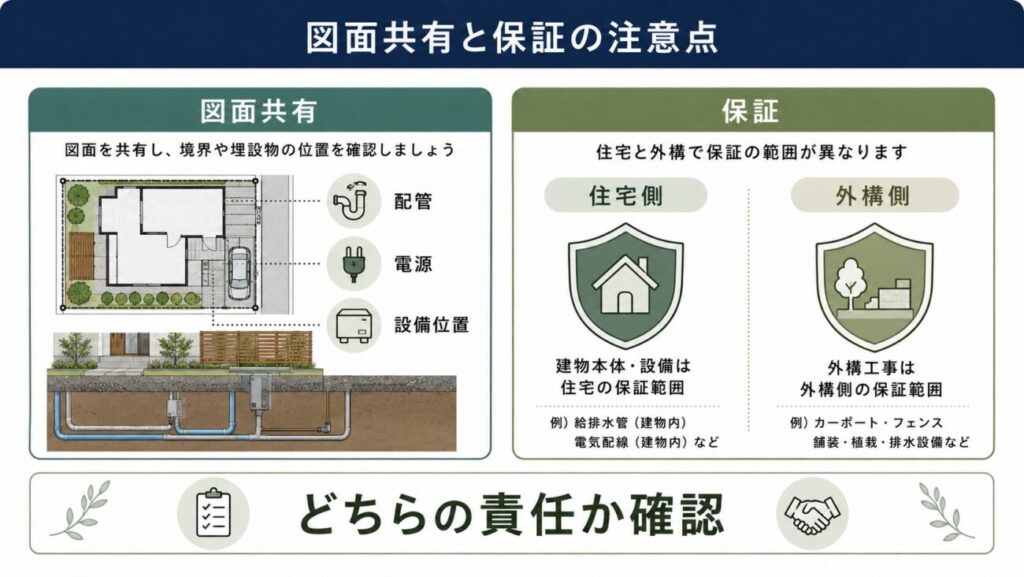 一条工務店の外構で提携外業者を利用するときに注意したい、図面共有と保証のポイントを整理した図解。左側では配置図、配管、電源、設備位置などの共有が必要なことを示し、右側では住宅側の保証と外構側の保証を分けて説明している。一条工務店の外構で提携外を選ぶ際に、責任区分や事前確認の大切さが分かるイラスト。
