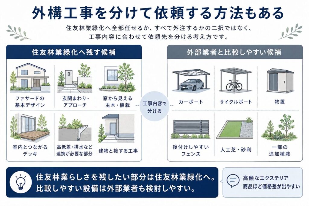 住友林業の外構で、住友林業緑化へ任せる工事と外部業者へ比較しやすい工事を整理した図解。ファサードの基本デザイン、玄関まわり、窓から見える植栽、室内とつながるデッキ、高低差や排水などは住友林業緑化、カーポートや物置、後付けフェンス、人工芝、砂利などは外部業者と比較しやすいことを示している。