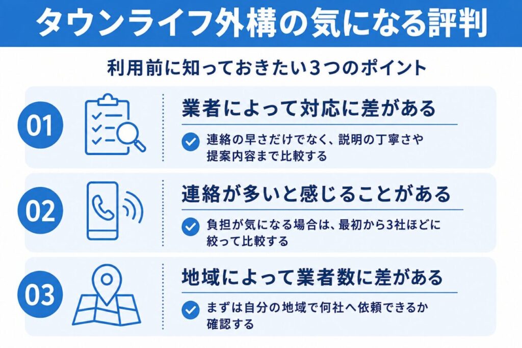 タウンライフ外構の気になる評判をまとめた図解。業者によって対応に差がある、連絡が多いと感じる場合がある、地域によって依頼できる業者数に差があるという3つの注意点と対策を紹介。